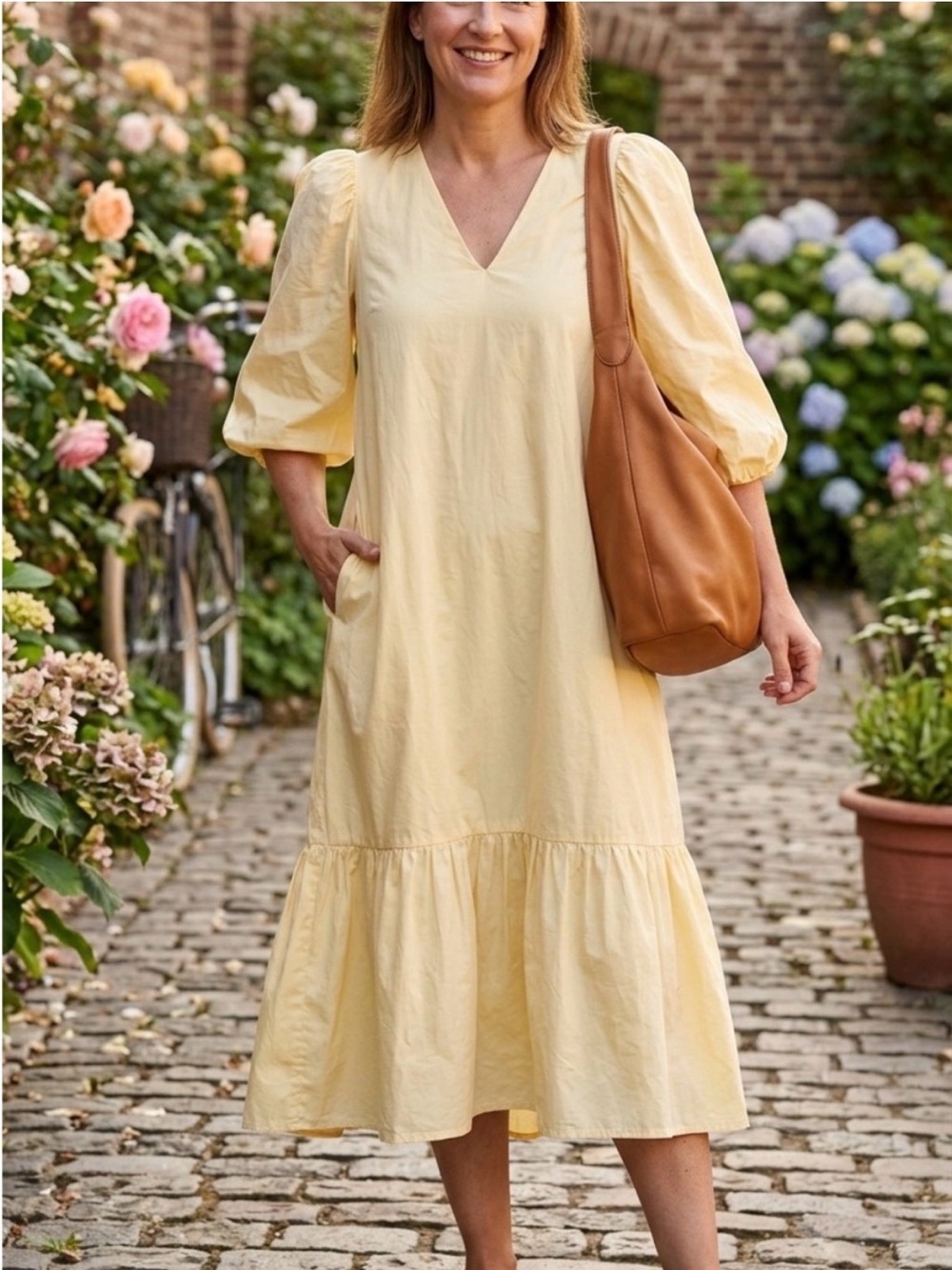 A New Day Pale Yellow V-Neck Puff Sleeve Midi Dress